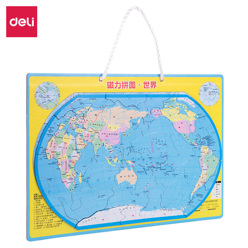 Deli 18050 Quebra-cabeça Mundial Magnético 29*20 Alunos do Ensino Fundamental Geografia Magnética Terreno Global Brinque