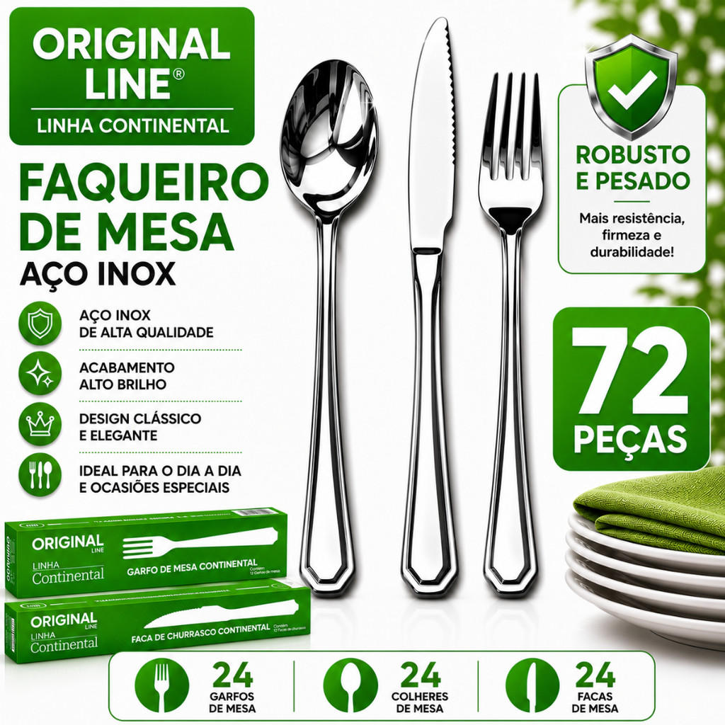 Faqueiro Original Line 36 48 72 Peças Aço Inox Linha Continental Premium