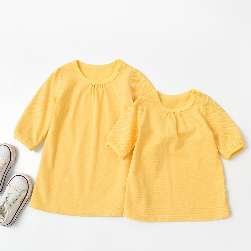 73382 Camiseta infantil listrada de algodão puro para meninas, gola redonda, manga três quartos, camisa infantil