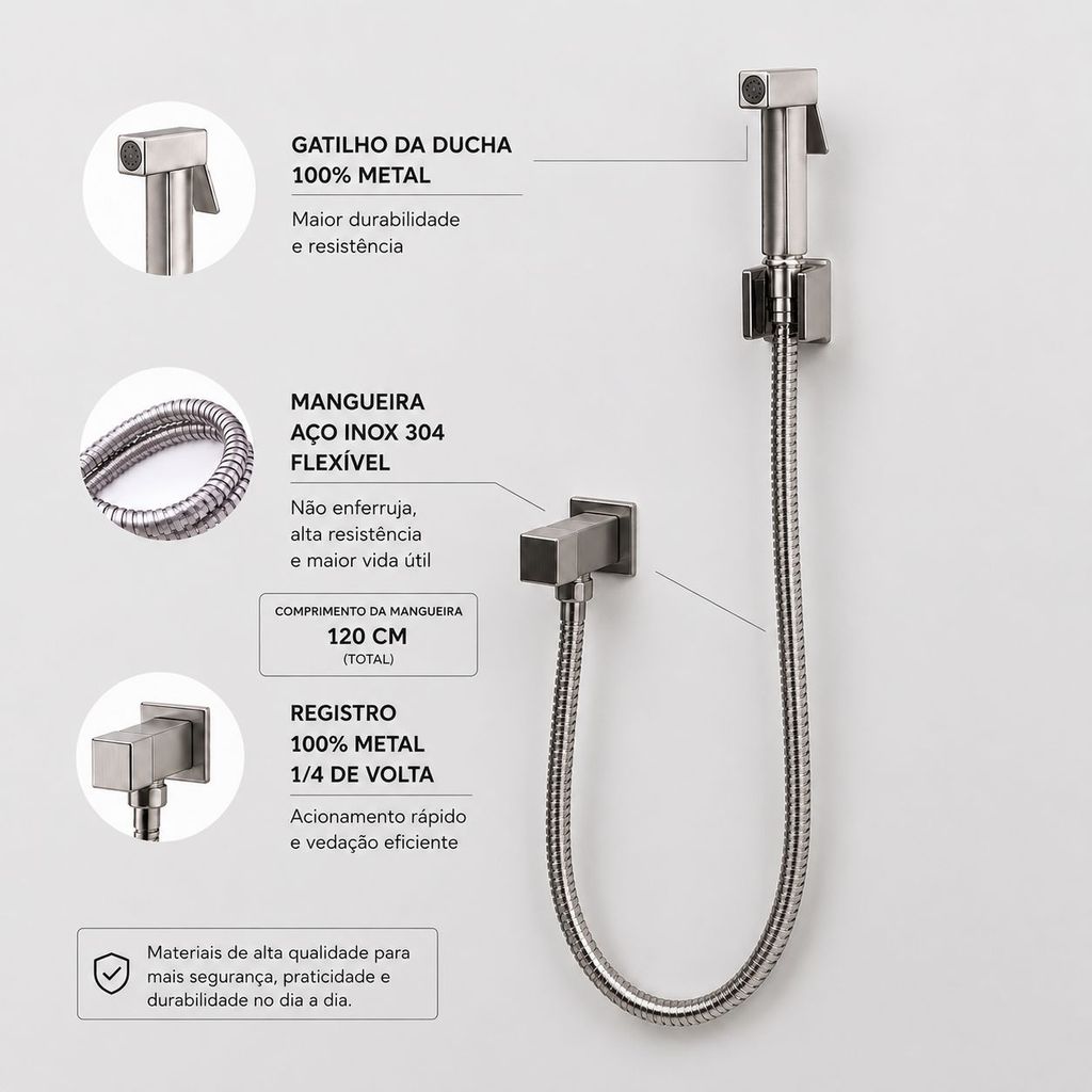 Ducha Higiênica Luxo Metal Cromado Escovado Quadrada para Banheiro Chuveirinho — imagem 2 de 2