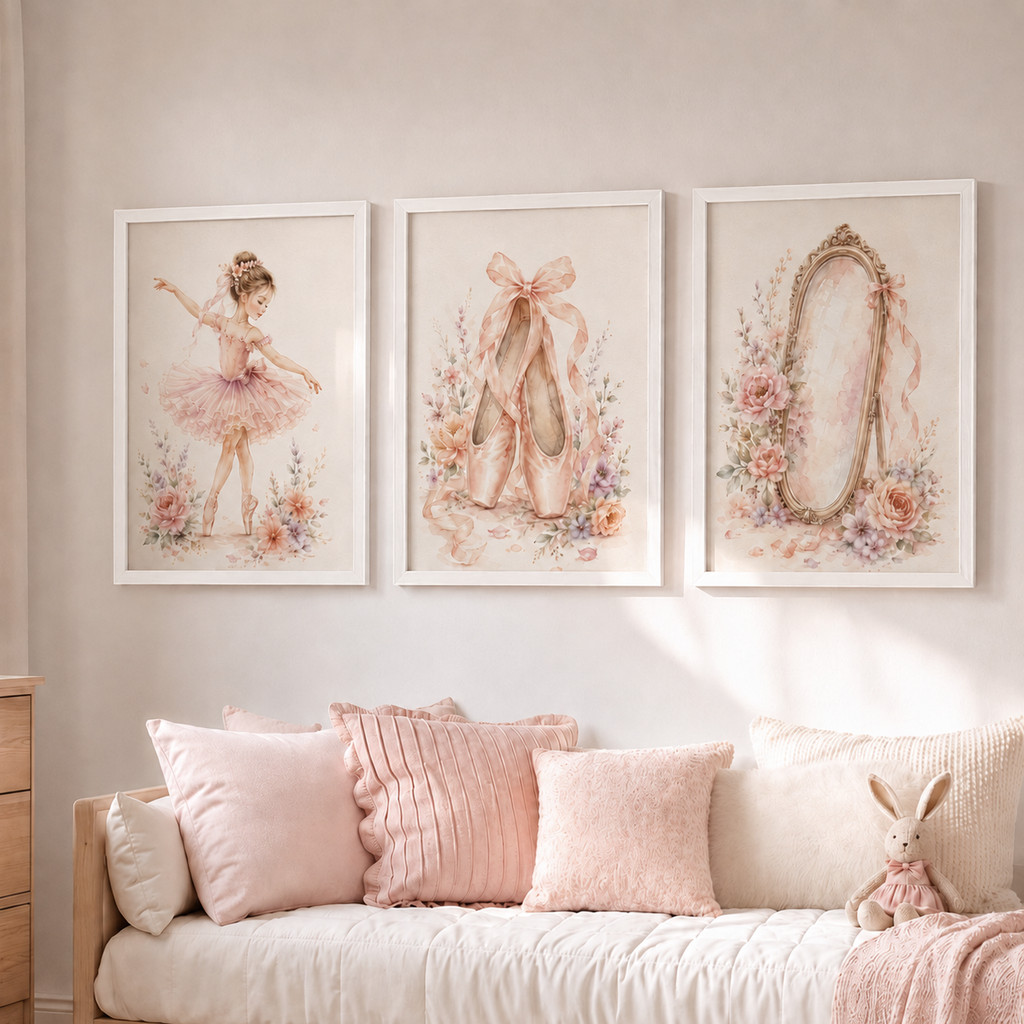 KIT de 3 Quadros para Quarto de Bebê Feminino com Moldura 60X40cm com Vidro Bailarina Entrega Rapida — imagem 2 de 2