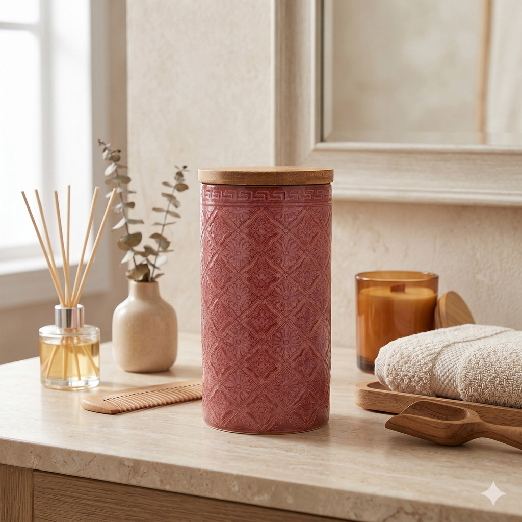 Pote Potiche Vermelho Decor Hermético Cerâmica Bambu Grande
