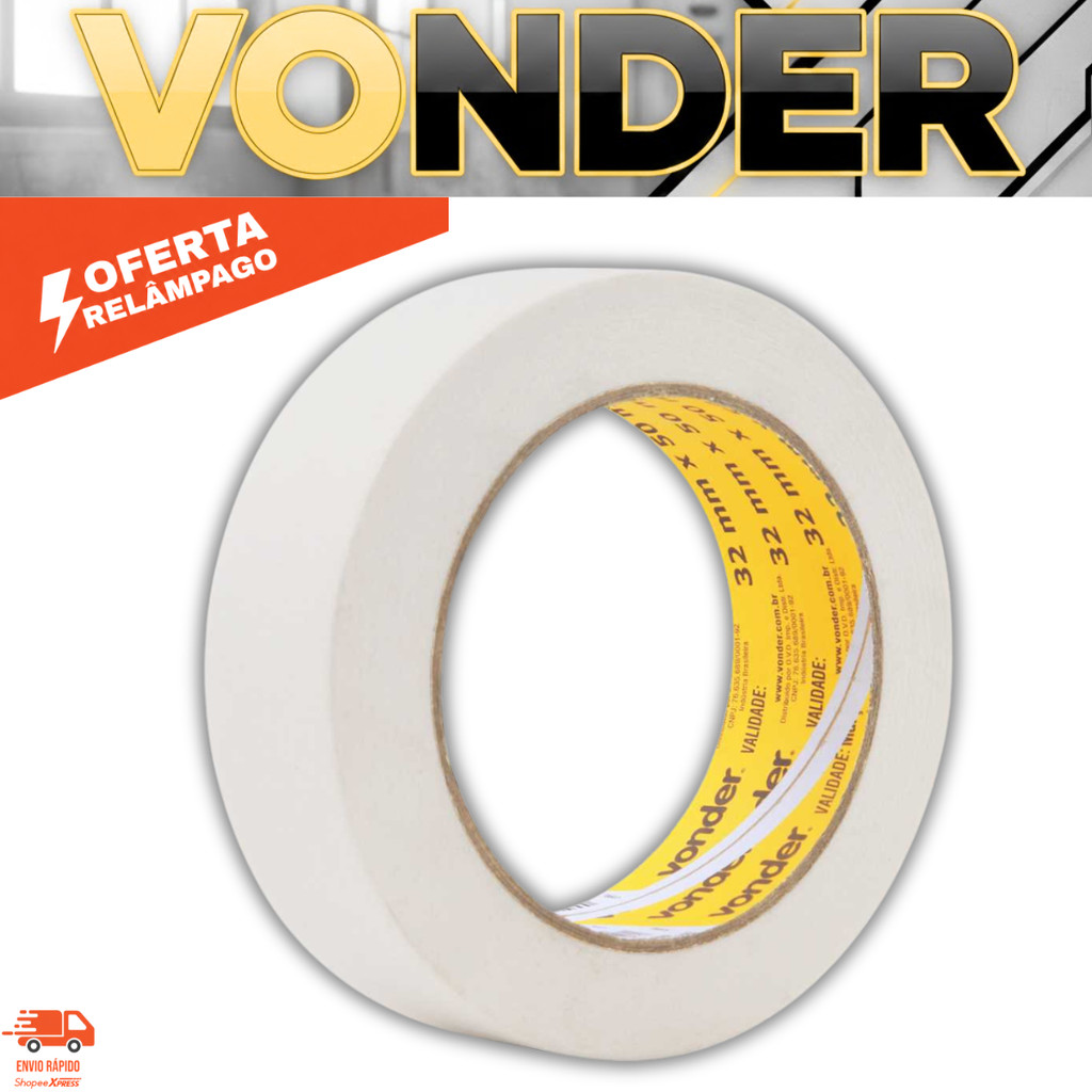 Fita Crepe 32mm x 50m VONDER Resistente para Pintura Mascaramento Reparos Artesanato e Proteção