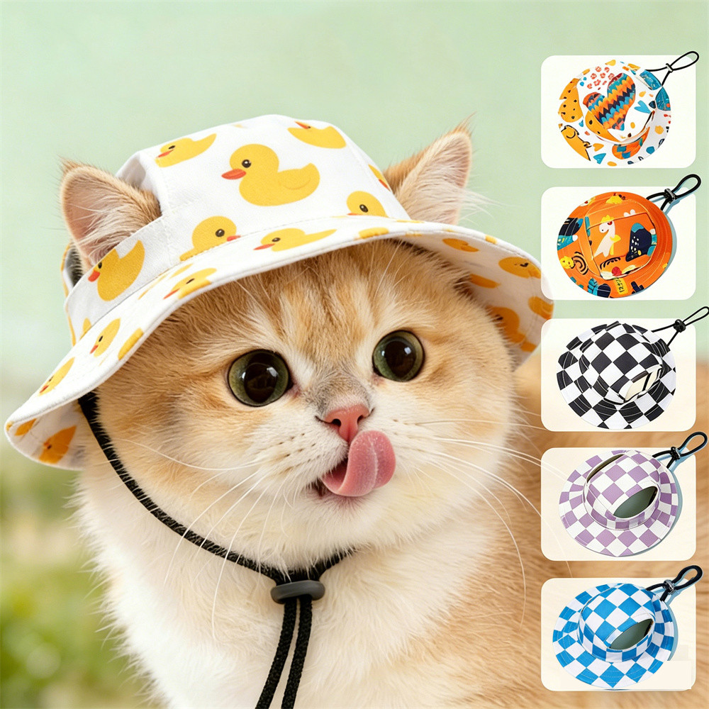 Chapéu Protetor Solar Para Cães E Gatos De Verão Com De Pescador Xadrez Impresso Adequado Pequenos Médios Suprimentos Ao