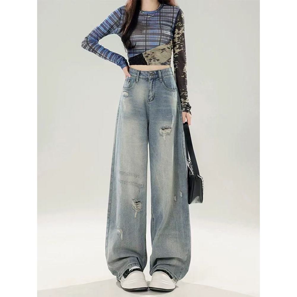 Estilo Retro All-Match na moda solto calças de perna larga Design estilo rasgado 2026 novo estilo moda Jeans verão femin
