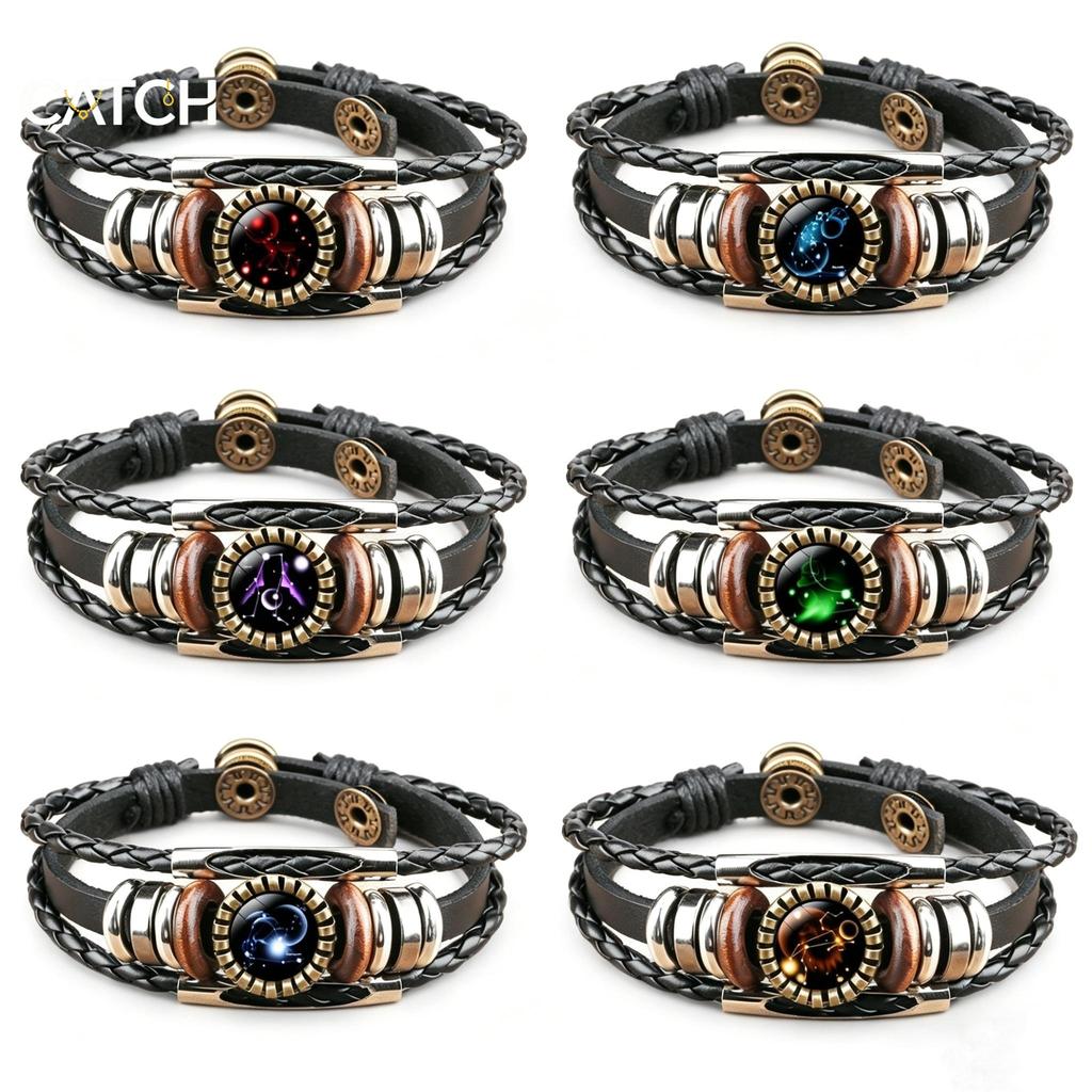 Imagem Captura 12 Constelações Signo Do Zodíaco Couro Preto Tecido Cúpula De Vidro Joias Punk Homens Pulseira Você