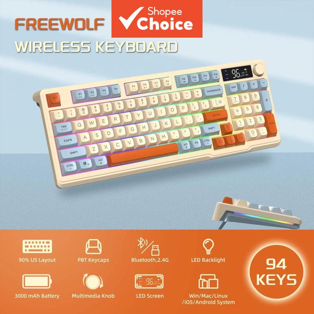 Teclado Sem Fio Bluetooth FREEWOLF M96 Modo Duplo, Teclas PBT, Botão de Tela, Bateria de Lítio