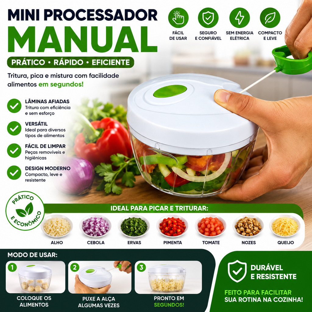 Mini Processador Manual Triturador De Alimentos Com Corda 3 Lâminas Inox Para Alho Cebola Legumes E Temperos