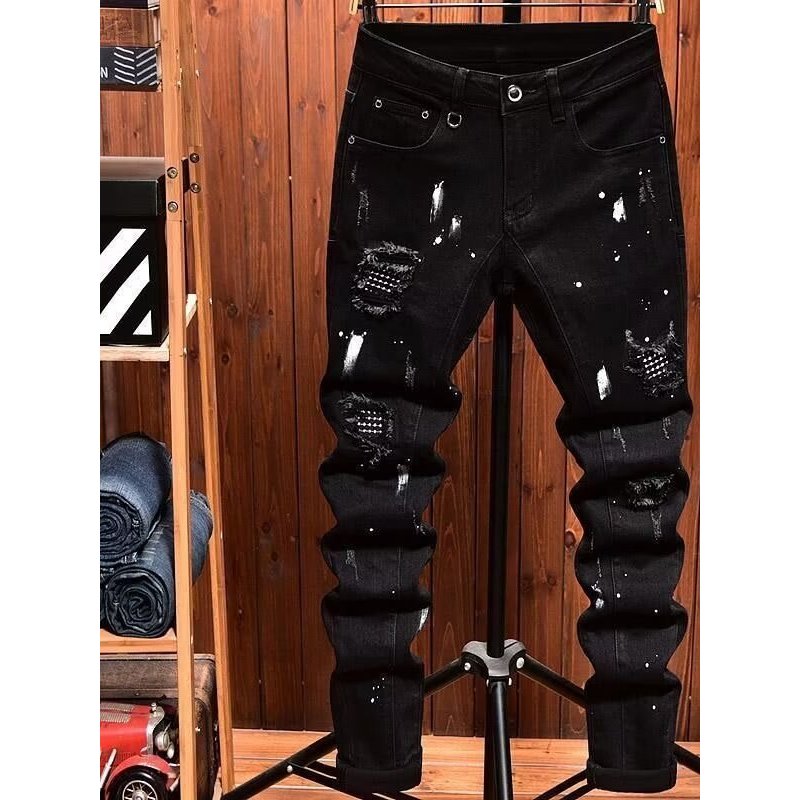 Street Wear High-End Preto Rasgado Jeans Masculino Slim-Fit Calças Skinny Primavera High Street Style Patch Puff