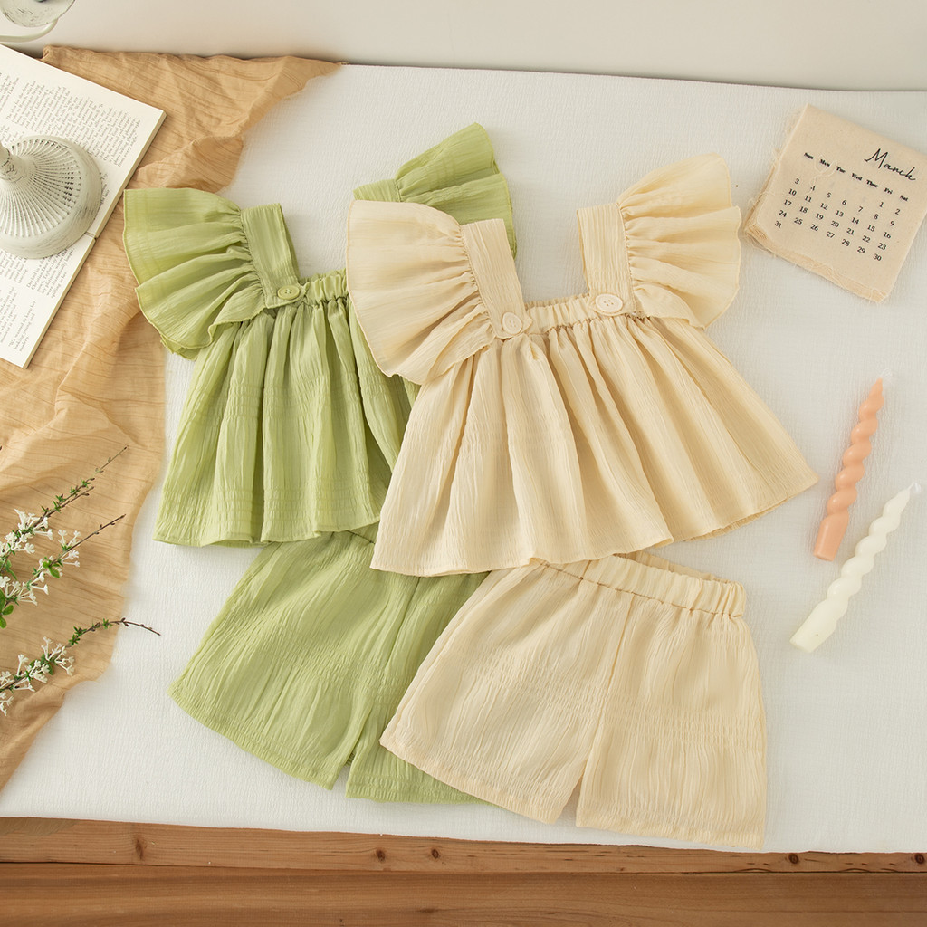Conjunto De Roupas De Chiffon Para Meninas , Cor Sólida , Gola Quadrada , Manga Voadora , Top Com Shorts , Infantis De V