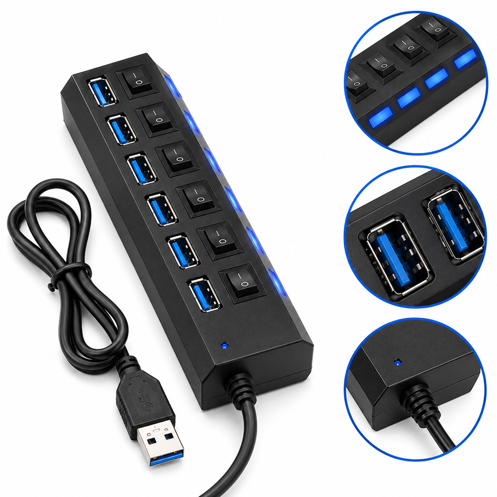 Hub USB 3.0 7 Portas Alta Velocidade 5Gbps Com Botão Liga Desliga LED