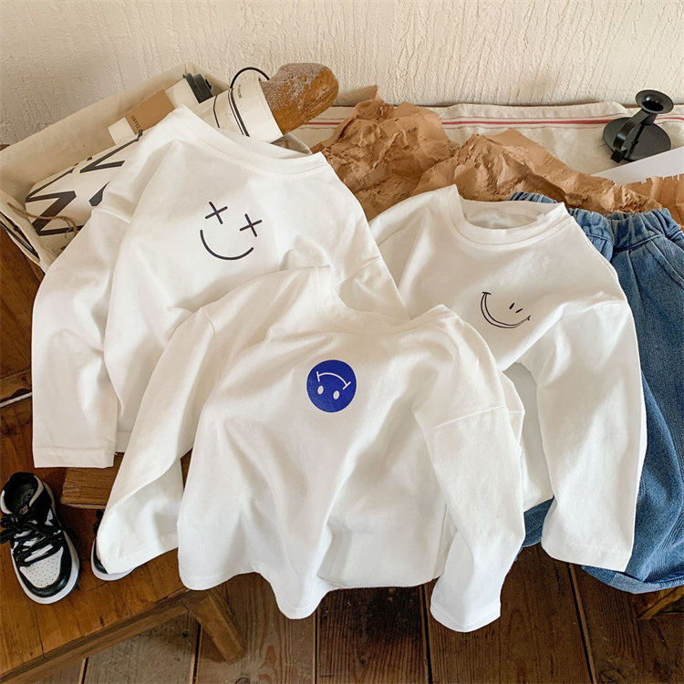 Crianças primavera outono roupas 2026 novo estilo de manga comprida camiseta masculino feminino bebê branco Smiley impre