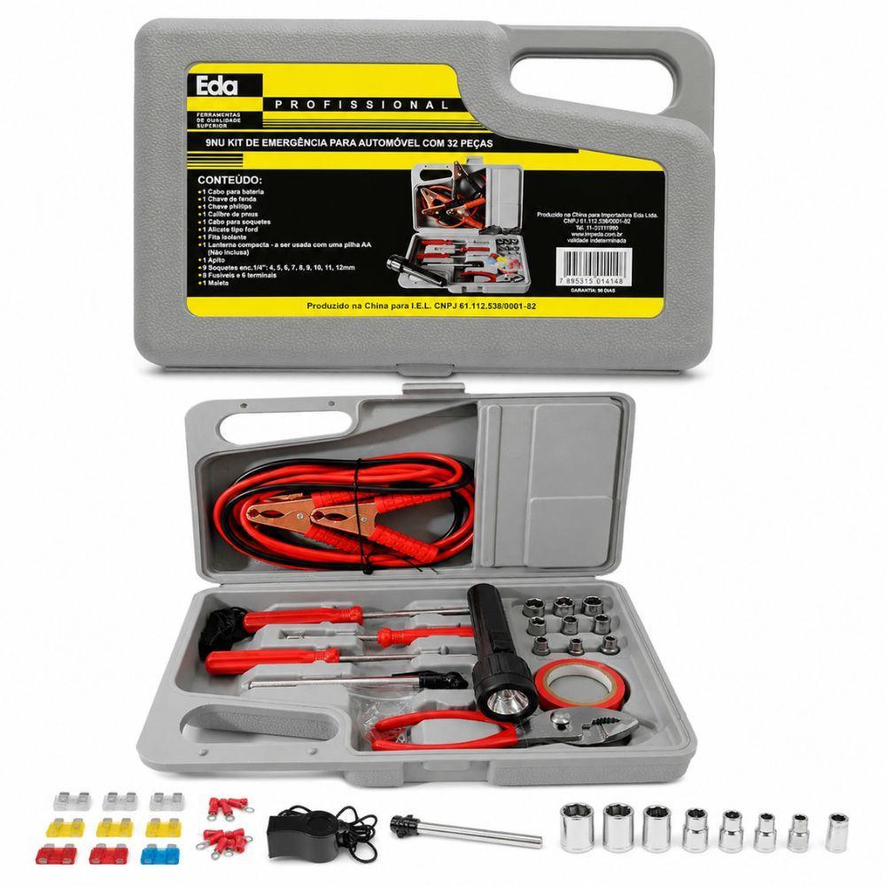 KIT EMERGENCIA CARRO 32 PECAS MALETA AUTOMOTIVA CABO CHUPETA LANTERNA CHAVES SOQUETES FUSIVEIS