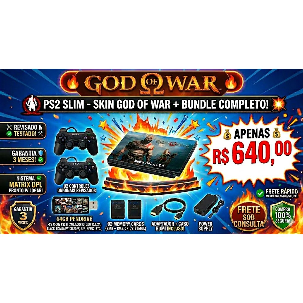 PlayStation 2 Slim Skin God Of War + 2 Controles + Jogos + HDMI | Revisado