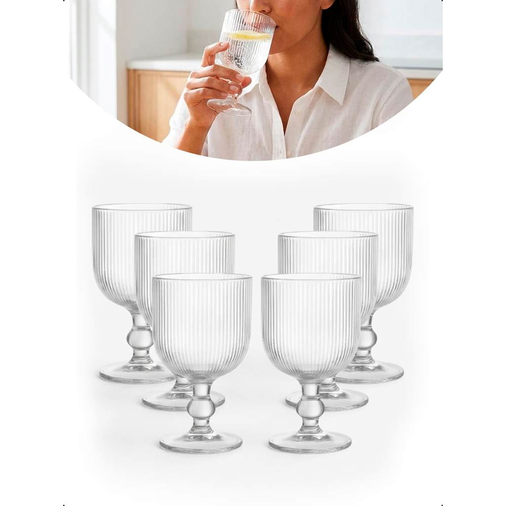 Jogo de Taças Conjunto Copos de Vidro 270 ml Canelado 6 Pçs