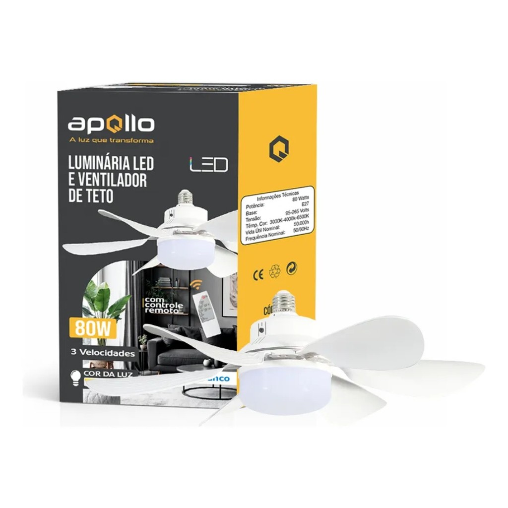 Ventilador de Teto Apollo LED 80W com Controle Remoto 3 Velocidades Luz 3000K 4000K 6500K