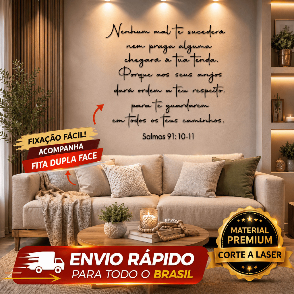 Versículo Letreiro Salmos 91:10-11 Mdf Decorativo Frase Parede Religiosa Decoração Bíblico Cristão