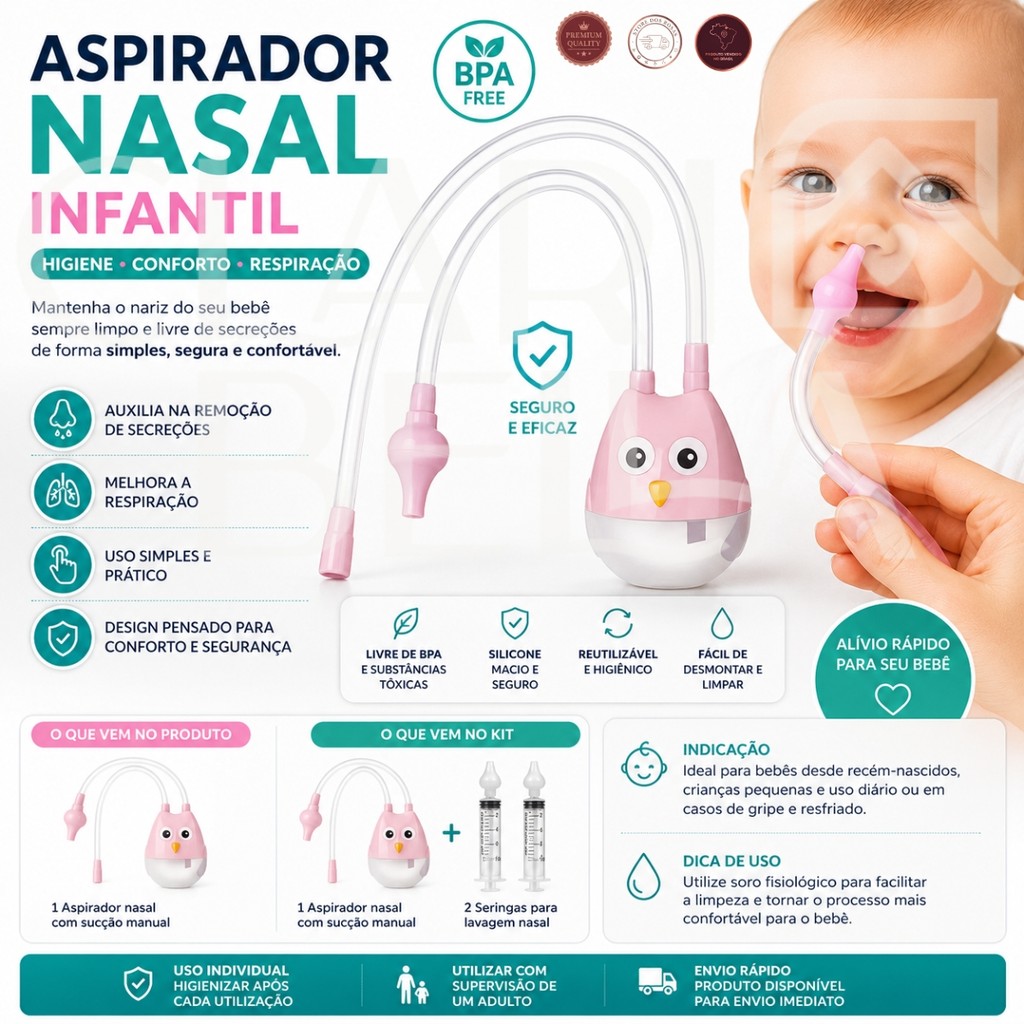Aspirador Nasal Infantil Silicone BPA FREE Higiene Nariz