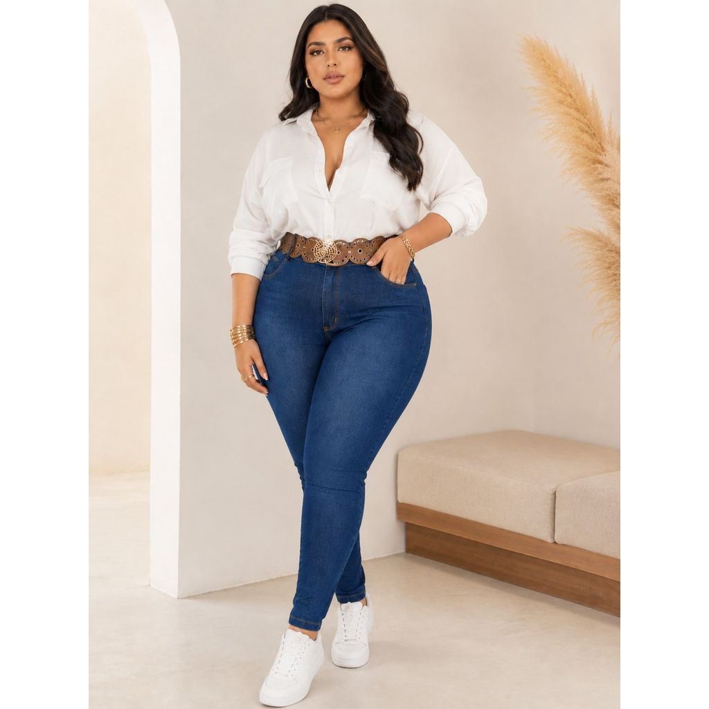Calça Jeans Plus Size Feminina Modeladora Skinny com Lycra