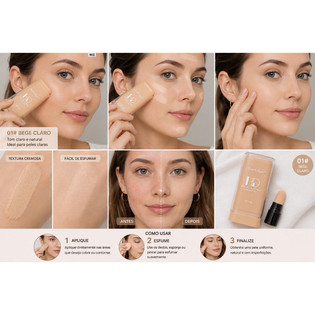 Corretivo e Contorno HD em Bastão 2 em 1 | Alta Cobertura | Acabamento Natural | Maquiagem Facial