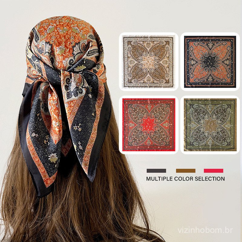 Lenço de seda europeu e americano estilo anos 70, lenço de cabeça paisley elegante, lenço de pescoço pequeno com proteçã