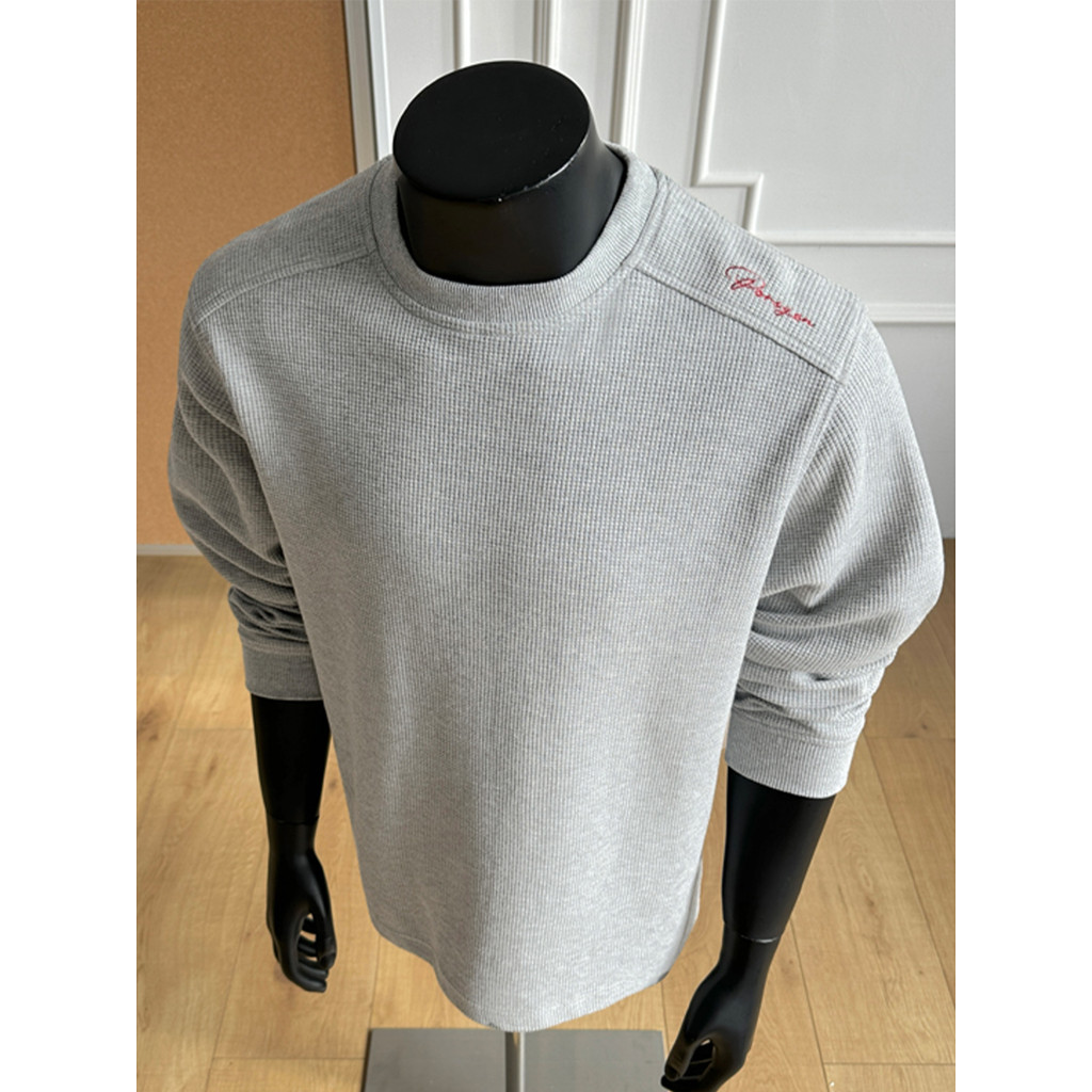 Cinza claro bordado Waffle manga comprida camiseta masculina primavera americano em torno do pescoço ombro moletom Fitne