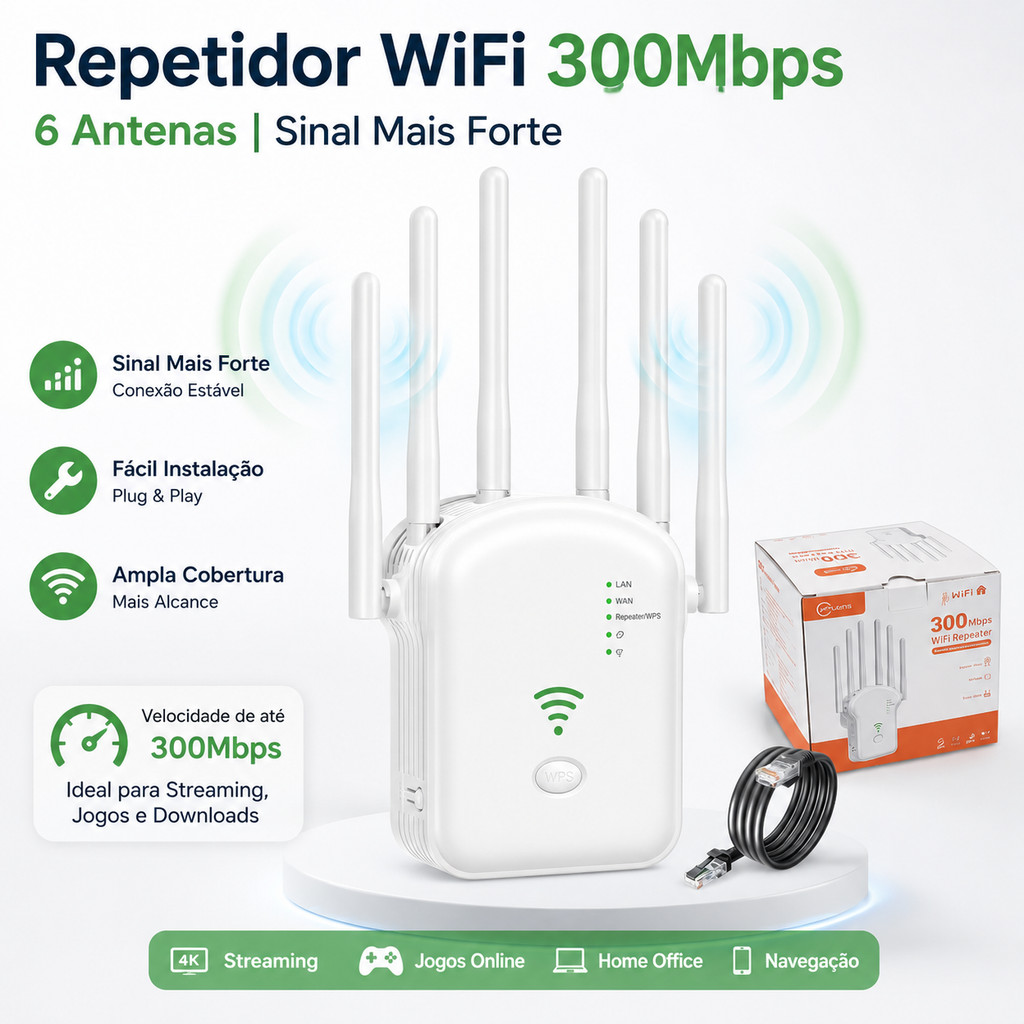 Repetidor WiFi 300Mbps 6 Antenas Amplificador de Sinal Wireless com WPS