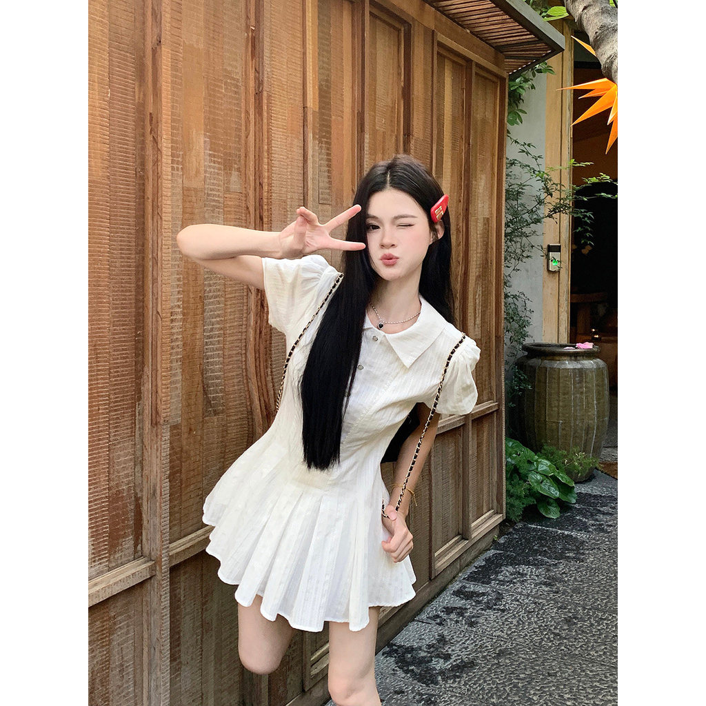 Estilo Preppy branco camisa de manga curta vestido feminino verão francês cintura estreita a linha saia pequena saia pli