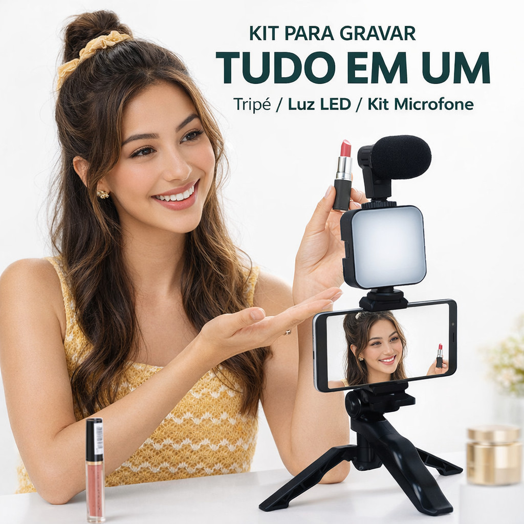 Kit Vídeo e Fotografia para Smartphone com Microfone Luz LED Mini Tripé Suporte e Controle Bluetooth ACHEI GLAM