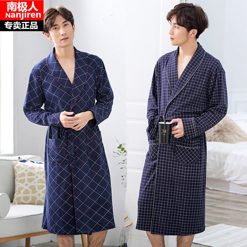 Camisola masculina primavera outono puro algodão manga comprida solta Plus Size roupão de comprimento médio pijamas masc
