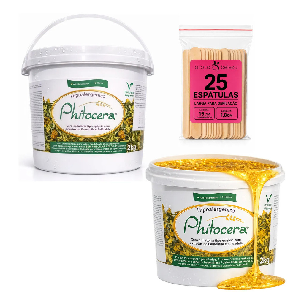 Kit 2 Cera Depilatória Phitocera Hipoalergenica 2kg Hidrossolúvel Depilação +25 espatulas