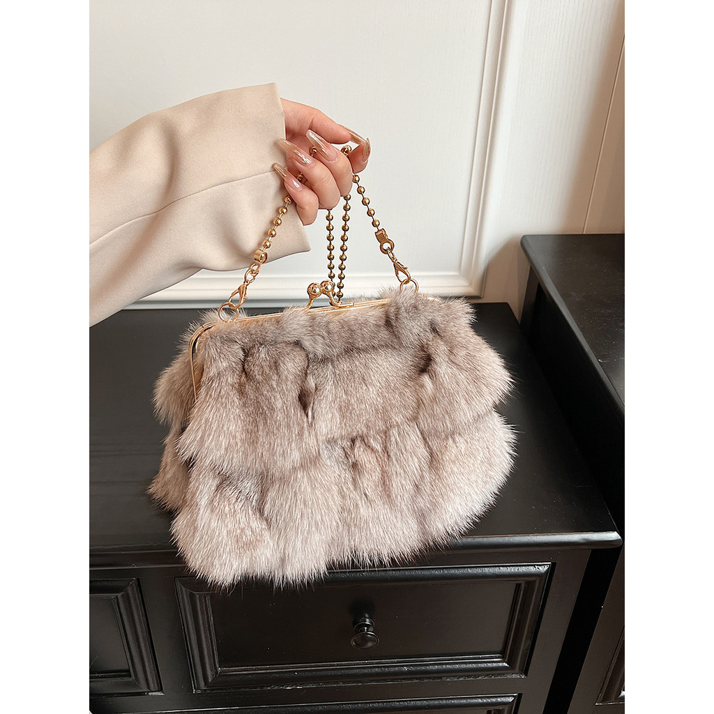 Saco peludo corrente de pele de raposa pequeno saco 2024 outono inverno novo estilo bolsa feminina High-End saco do mens