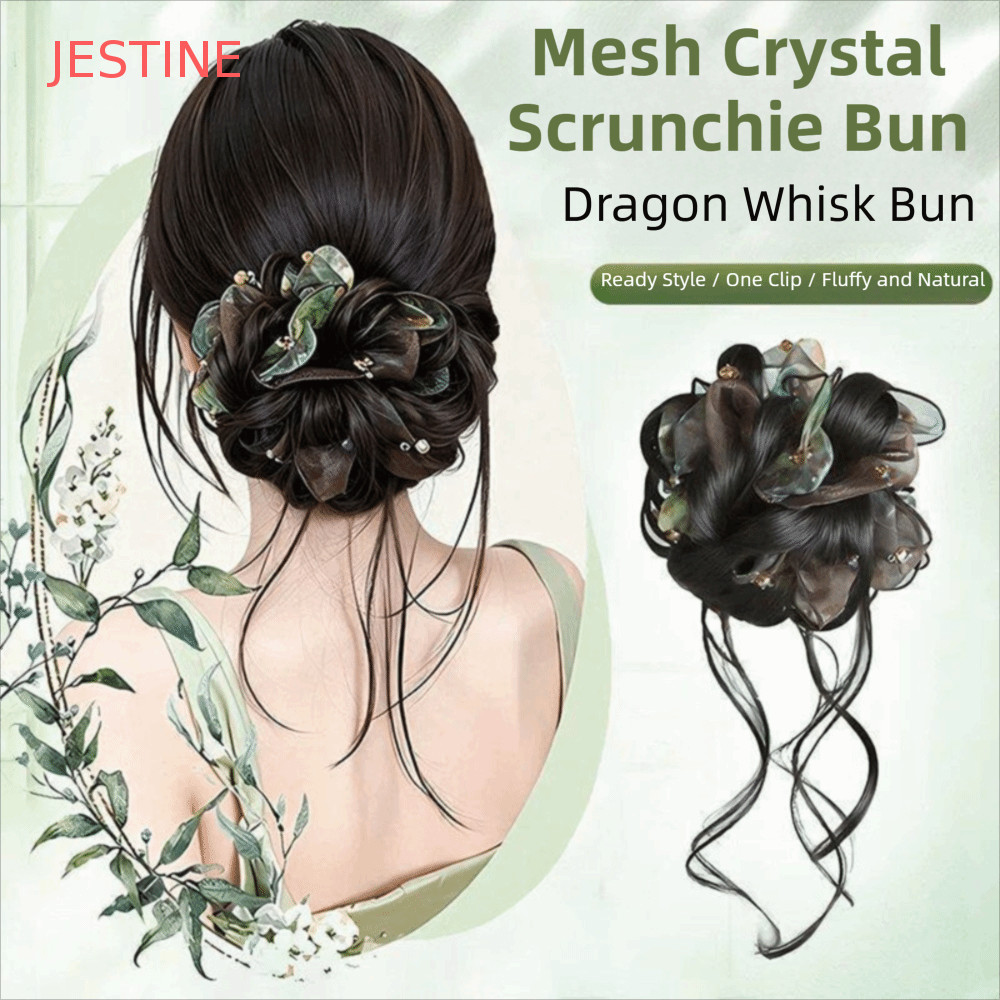 JESTINE Malha Cristal Scrunchie Bun , Faixas Elásticas Macias Extensões De Cabelo De Coque Desarrumado Feminino , Pedaço