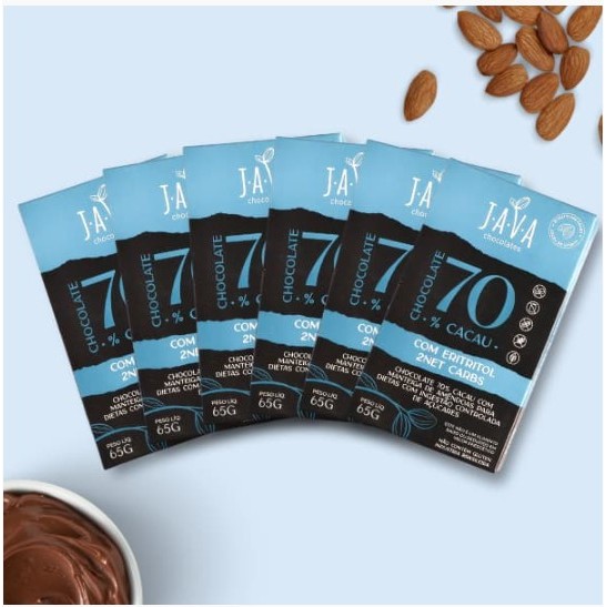 Chocolate  low carb 70% Cacau com ERITRITOL -  2NETCARBS - CAIXA COM 6 UNIDADES 65G