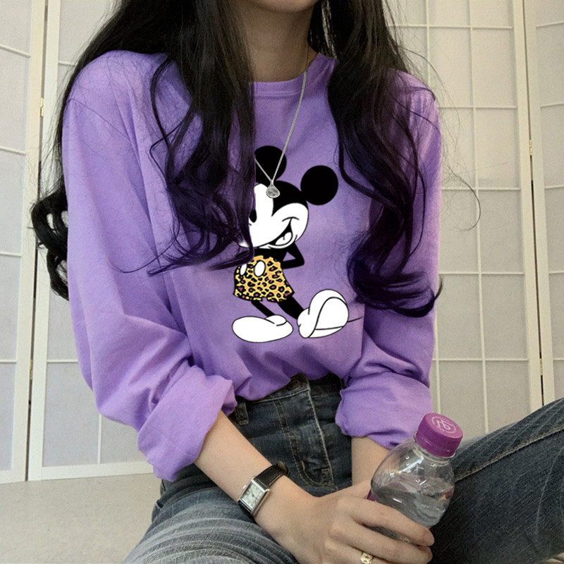 Camiseta roxa feminina solta primavera outono manga comprida camisa de fundo impressa 2021 novo estilo de manga curta in