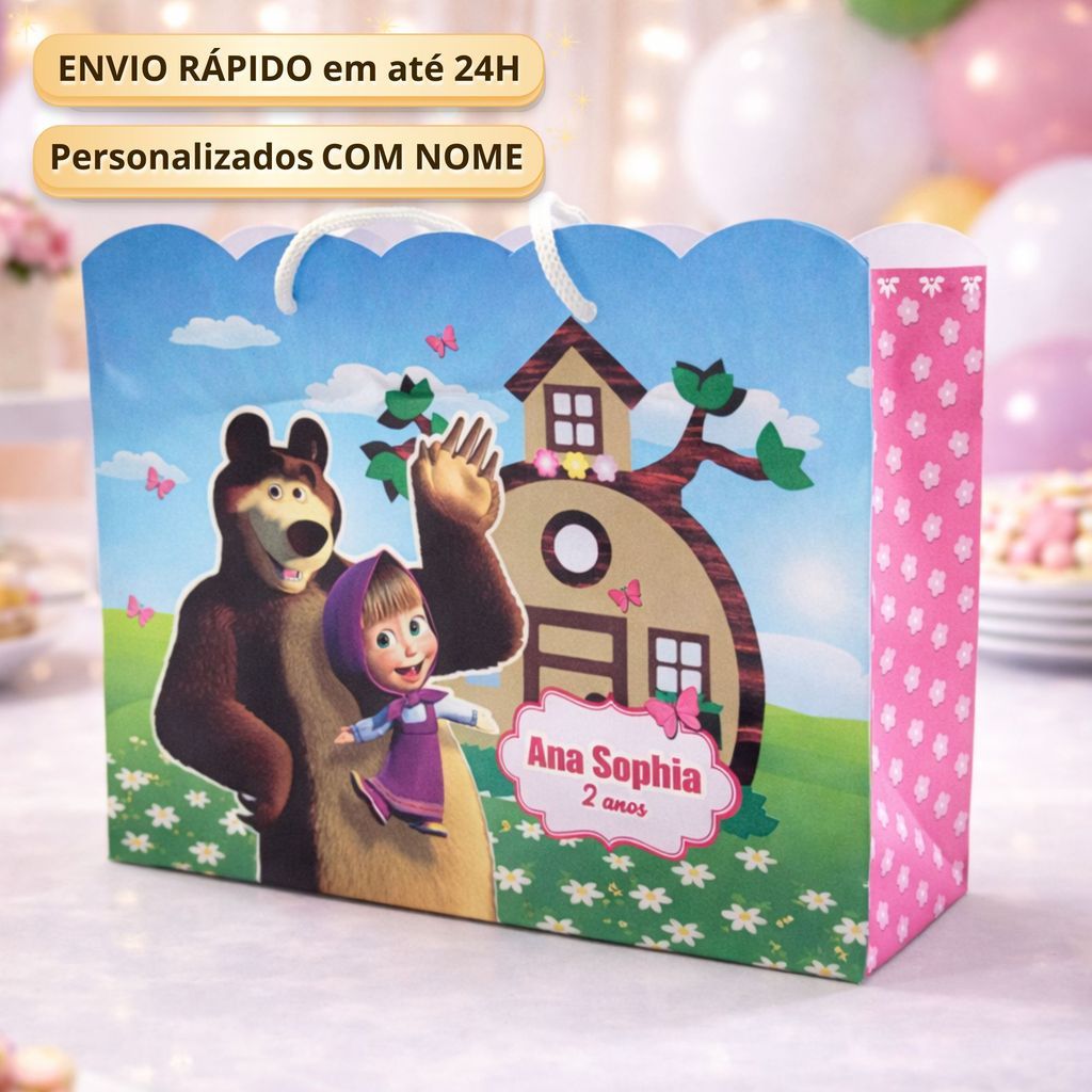 Sacolinha G Masha e Urso Pegue Monte  Caixinha Lembrancinha Kit Festa Luxo Sacolinha Grande