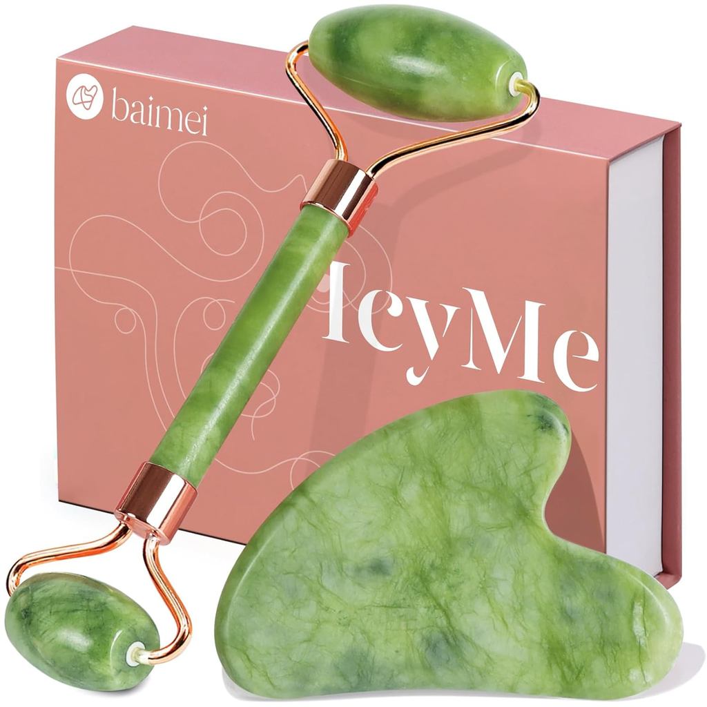 BAIMEI IcyMe Gua Sha & Jade Roller Ferramentas Faciais, Conjunto de Rolo Facial e Gua Sha para Redução de Inchaço e Verm