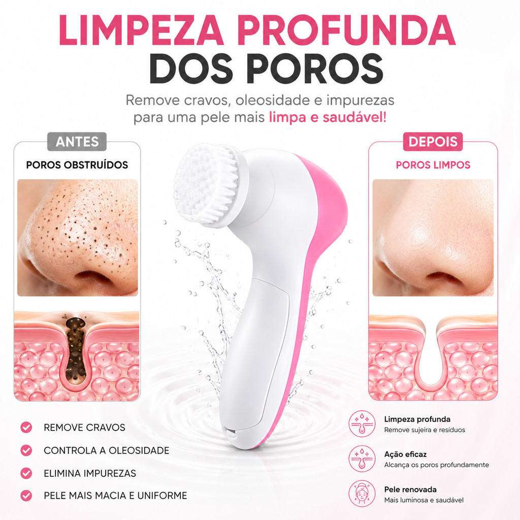 Escova Facial 5 em 1 Elétrica Limpeza Profunda Massageador Removedor de Cravos