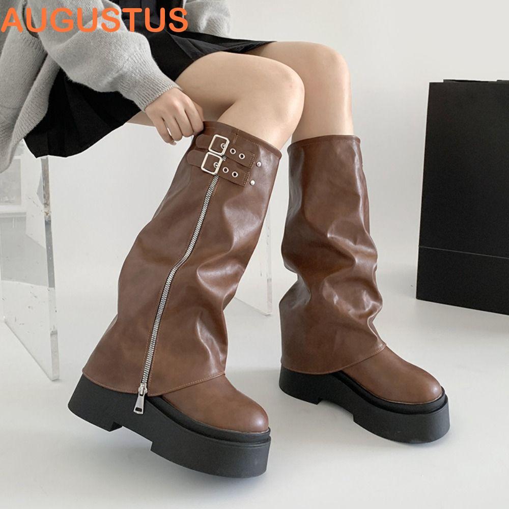 AUGUSTUS Botas Femininas Até O Joelho , Novas De Motociclista Com Plataforma De Design , Casuais De Cano Longo Harajuku