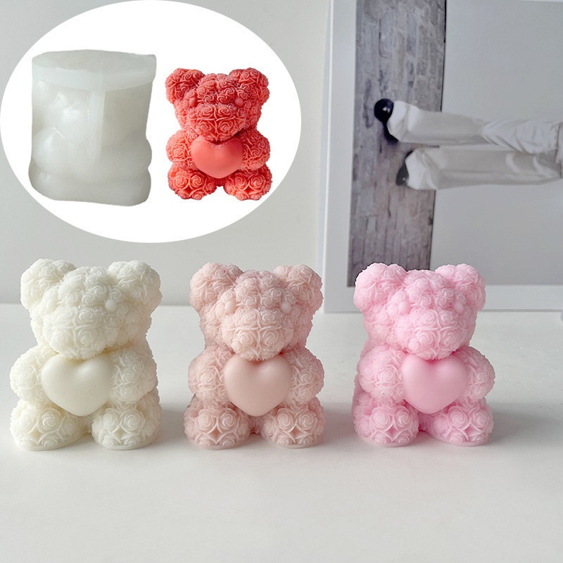 Molde de Silicone para Vela em Forma de Coração de Urso Rosa Pequeno, Ideal para Velas Artesanais, Sabonetes e Gesso, Ad