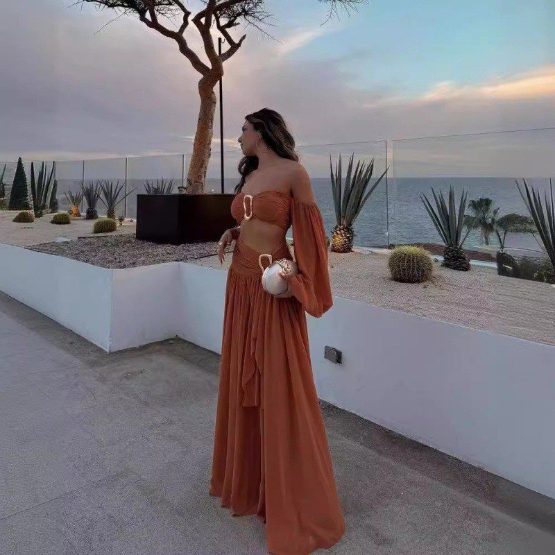 Conjunto De Vestido Maxi Feminino De Chiffon Com Ombros De Fora , Top Cropped Bandeau Manga Comprida E Saia Fluida De Ci