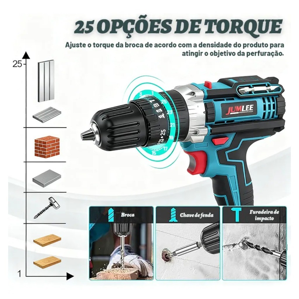 Kit 6 Parafusadeira Elétrica 36V Sem Fio Bivolt Torque Ajustável Azul JUMLEE