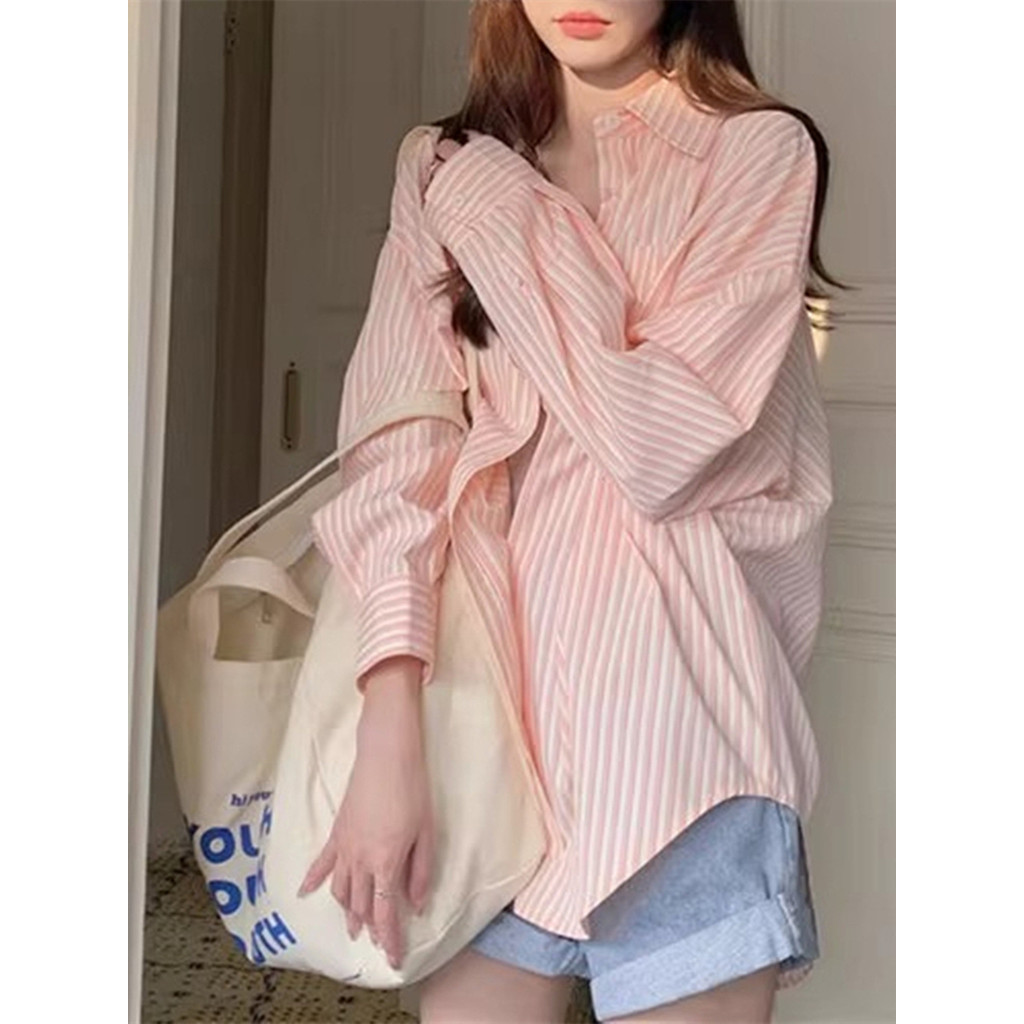 Rosa listrado protetor solar camisa feminina estilo fino exterior solto estilo preguiçoso camisa de manga comprida Cardi