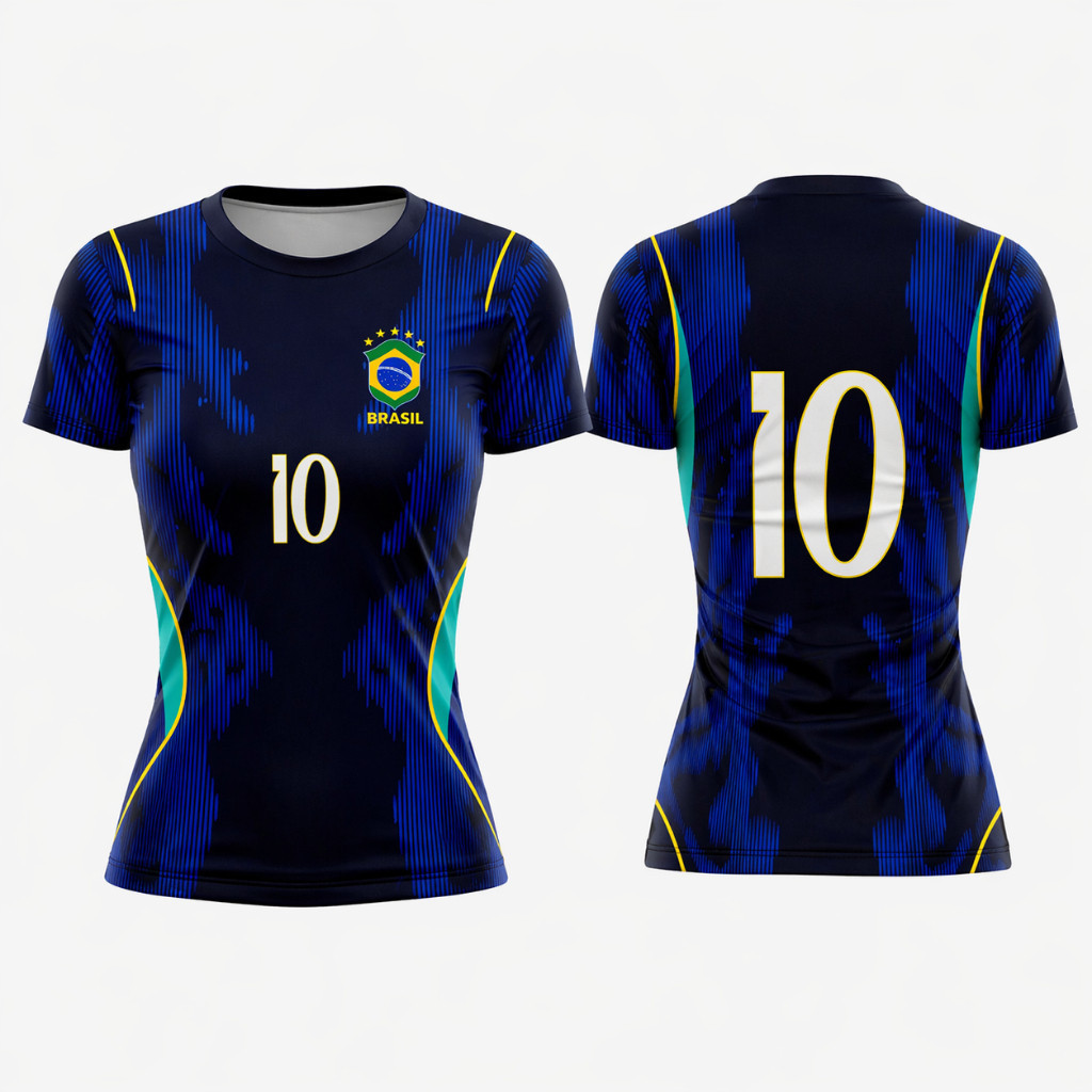 Camisa Brasil Azul Baby Look Feminina Bordada nova 2026