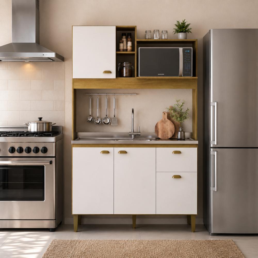 Armário de Cozinha Compacta com Armário e Balcão 4 Portas 1 Gaveta Azaleia 120cm Cor Mel/Branco - Mademóvel