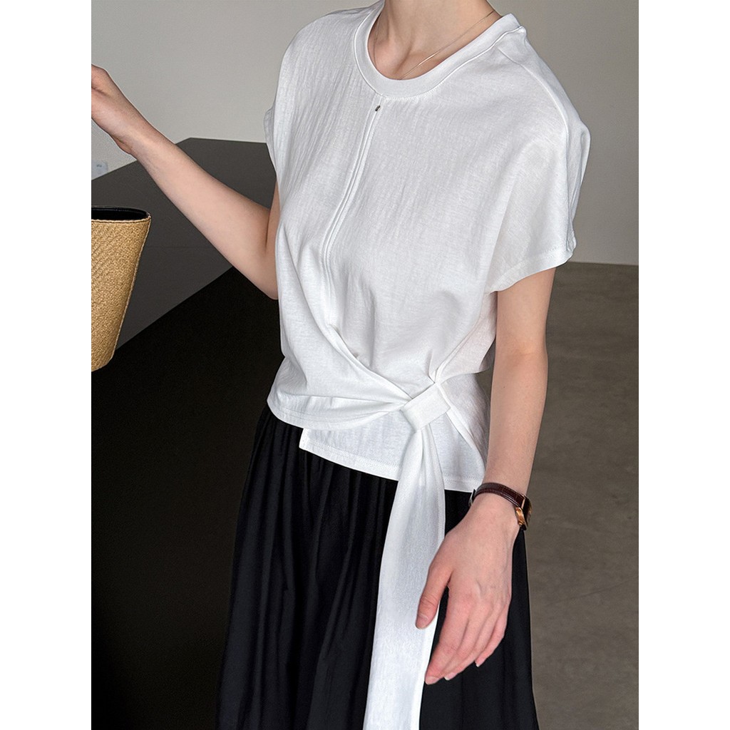 Branco pequeno mangas voadoras 2025 único Super bonito camiseta feminina bainha Irregular rendas manga curta crochê fran