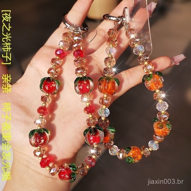 Corrente para celular com tema de caqui, com toque sofisticado, corrente de mão com contas de cristal, acessório para ca