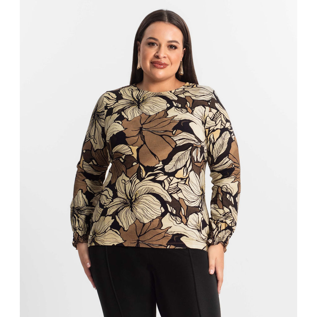 Blusa Plus Size Manga Longa Feminina Secret Glam Marrom