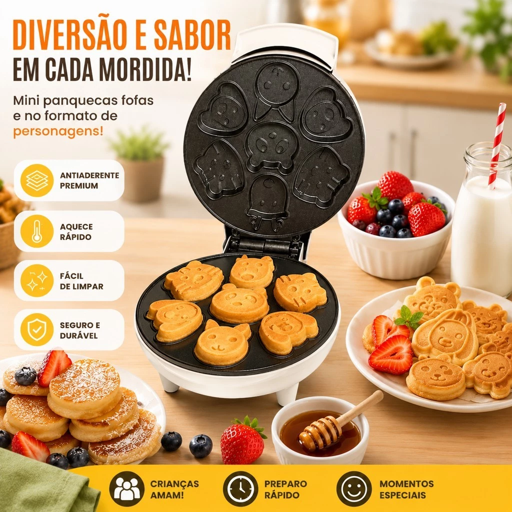 Máquina De Fazer Bolinho Cake Mini Waffle Bichinhos Elétrica 110V e 220V