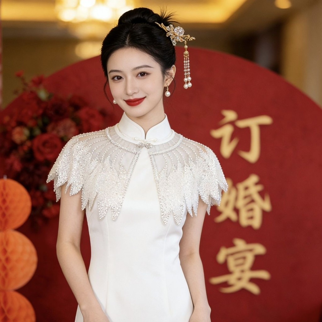 Indústria pesada pérola renda Cheongsam nuvem ombro véu de noiva novo chinês Retro acessórios de casamento